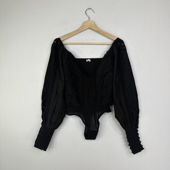 Free People Intimately Regina Eyelet Bodysuit Black XS Broderie Floral - Picture 7 of 11